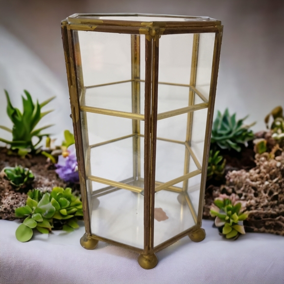 Vintage Glass Curio Cabinet Mini Brass Octagon 70s 80s Jewelry Trinket Box - Picture 5 of 16